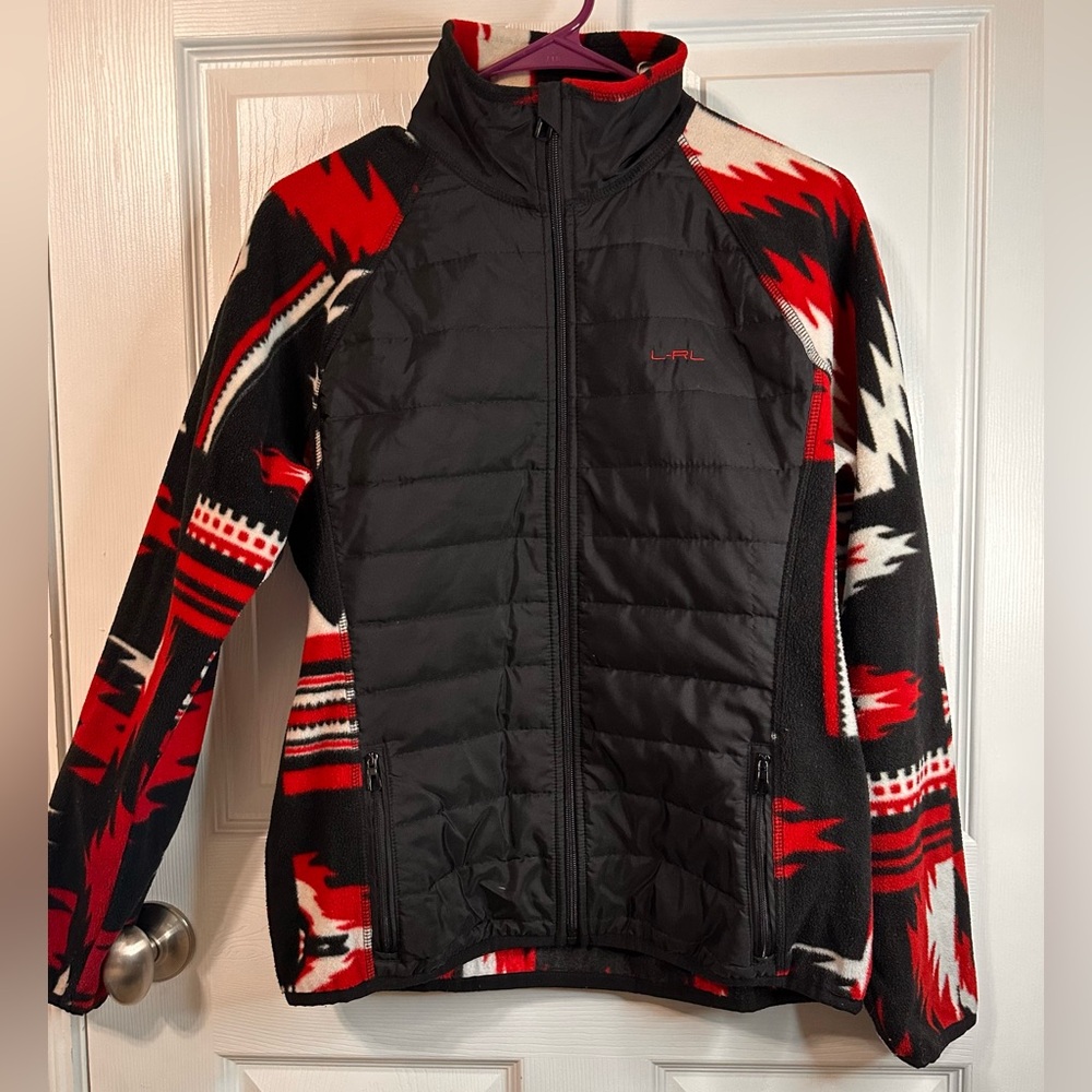 R-RL Lauren Active Black and Red Patterned Jacket. Southwestern design. Full zip